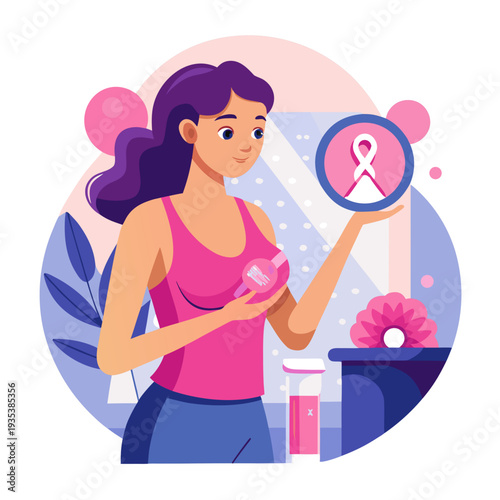 Illustration of a caucasian woman groping her breasts doing self-examination against breast cancer, prevention and diagnosis for life. Ideal for institutional and educational materials
