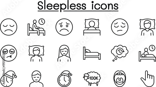 Sleepless and insomnia icons collection including tired face bedtime alarm clock yawning fatigue sleep disorder outline vector set for health and lifestyle design