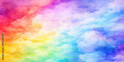 Beautiful abstract colorful watercolor background featuring a bright blue sky with white clouds and sunny summer light for a peaceful nature heaven