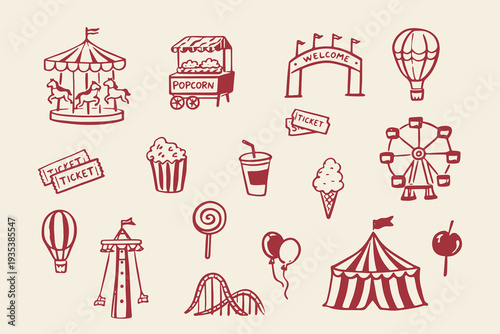 Carnival amusement park icons doodle sketch vector illustration