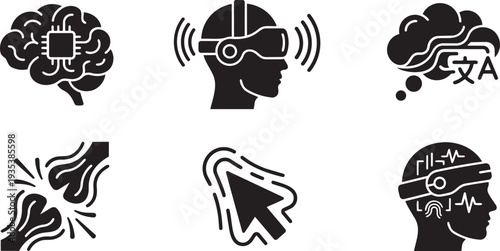 Neuro-Interface Technology, Brain-Computer Interface (BCI) and Human Augmentation Systems Fluid Organic Geometry Icon Set Vector Illustration