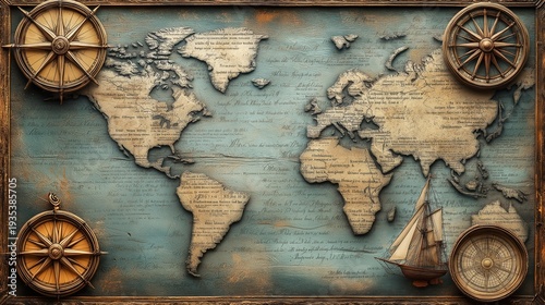 Abstract background on the theme of travel, adventure and discovery. Old hand drawn map with vintage sailing yachts, wind rose, routes, nautical symbols and handwritten inscriptions