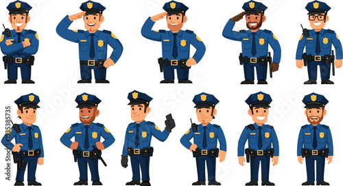 Police Officer Cartoon Character Set in Different Poses with Uniform, Radio, Salute and Security Equipment Vector Illustration