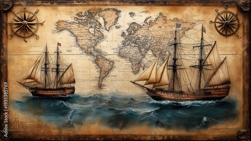 Abstract background on the theme of travel, adventure and discovery. Old hand drawn map with vintage sailing yachts, wind rose, routes, nautical symbols and handwritten inscriptions
