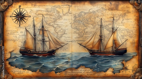 Abstract background on the theme of travel, adventure and discovery. Old hand drawn map with vintage sailing yachts, wind rose, routes, nautical symbols and handwritten inscriptions