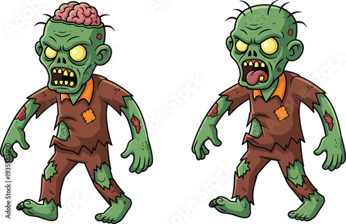 A cartoon zombie vector character collection featuring one undead ghoul with exposed brain and another screaming, set as isolated green walking monsters on white.