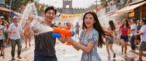 Close-up banner of a happy young man and woman playing with water guns and laughing during Songkran Festival in Thailand, street celebration with splashing water and copy space, 