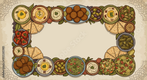 Hand-Drawn Frame of Middle Eastern Mezze Dishes, Illustrating Hummus, Falafel, Olives, and Fresh Salads, Celebrating Delicious Traditional Mediterranean Appetizers