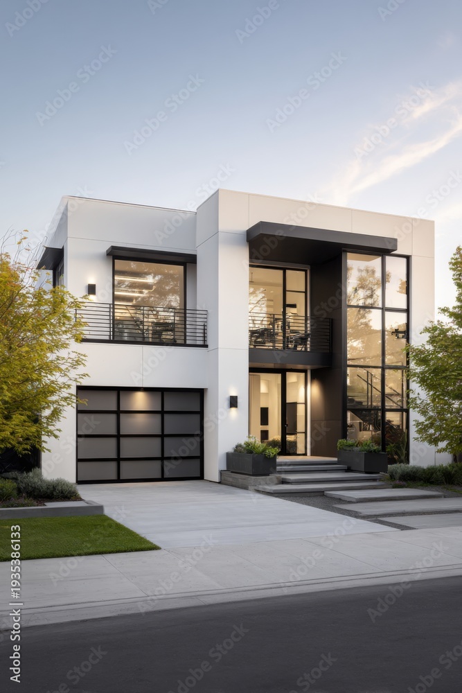 Fototapeta premium This contemporary house features expansive windows and an elegant entrance, beautifully positioned in a suburban neighborhood during the late afternoon hours
