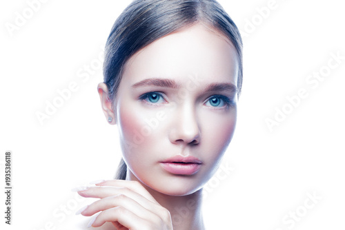 beautiful blonde hair caucasian blonde woman isolated on white background. Nude makeup