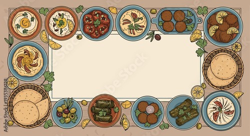 A delicious spread of Middle Eastern mezze featuring hummus, falafel, dolmades, and pita bread, perfect for a culinary gathering or food blog