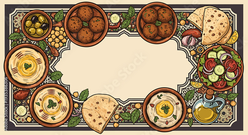 Delicious Mediterranean Food Spread Featuring Hummus, Falafel, Salad, Olives, and Pita Bread Border