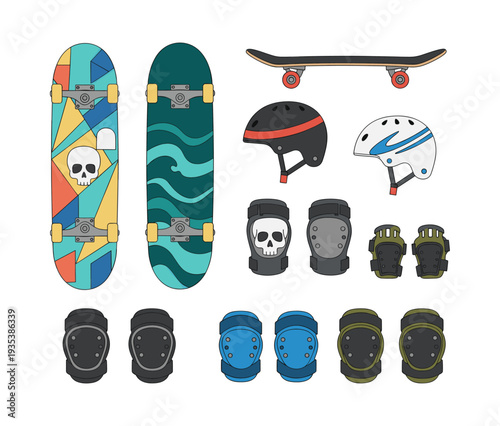 Collection of skateboards and safety equipment including helmets, elbow pads, and knee pads for extreme sports