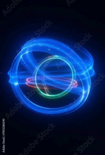 Three concentric glowing rings, blue, green, and red, in abstract digital art against a dark starry background.