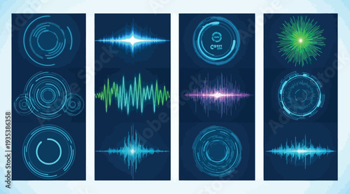 Collection of futuristic neon light wave and pulse effects on dark blue background with glowing blue green and pink colors