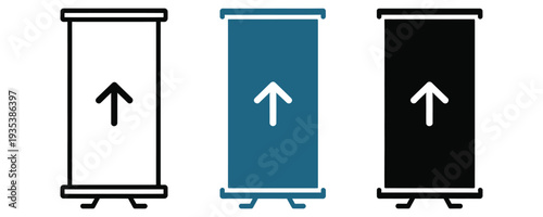Modern roll up banners in white, black, and blue with upward arrows