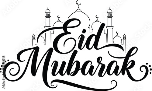 Eid mubarak greeting with mosque silhouette