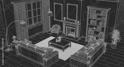 Wireframe rendering of a luxurious living room interior design.