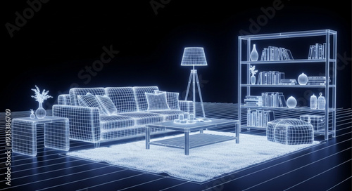 Wireframe living room interior design blueprint visualization.