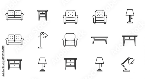 Collection of line art icons representing furniture and lighting.