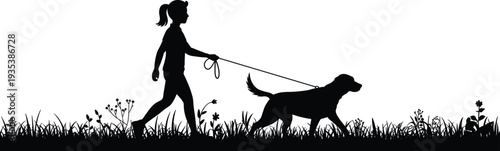 Girl walking dog silhouette in grass meadow isolated on white background representing pet care, outdoor activity, companionship and daily lifestyle