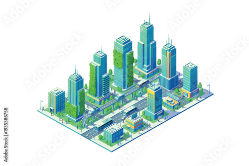 Modern cityscape in isometric view with blue green color palette in digital illustration for urban planning