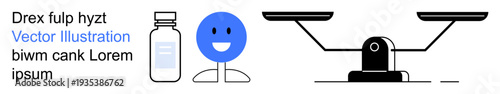 Healthcare, balance, wellness, medicine, decision-making, equality. Image of a medicine bottle, a blue smiling face and a balanced scale. Healthcare and balance concept ion