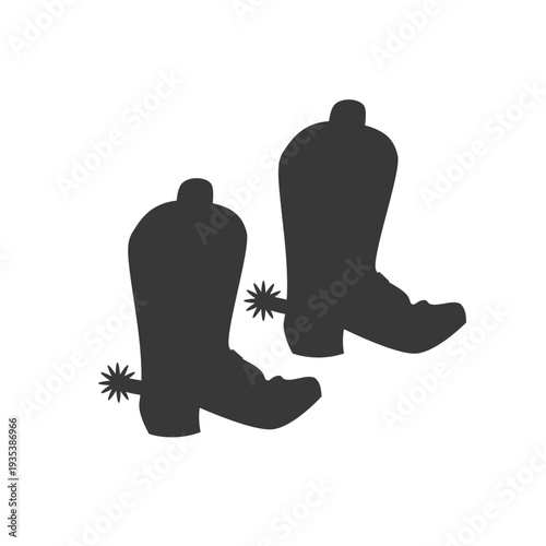 Black silhouette of cowboy boots with spurs isolated on white. Minimalist western boots vector illustration for rodeo and country music events.