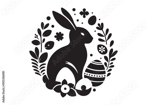 easter bunny eggs and flowers logo silhouette, easter eggs silhouette vector illustration,  decorative pattern logo silhouette, easter bunny eggs and floral logo silhouette design on white background