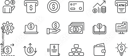Finance and banking line icon set featuring ATM, credit card, money growth, wallet, investment and financial management symbols