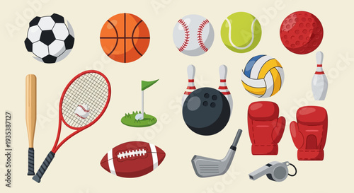 Diverse Sports Equipment Collection: Balls, Bats, Rackets, Gloves, and More