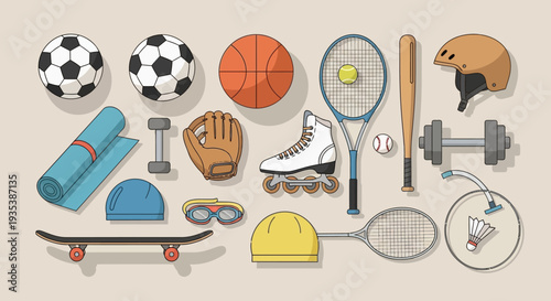 Diverse Sports Equipment Collection: Active Lifestyle & Fitness Gear