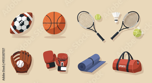 Diverse Sports Equipment Collection: Balls, Rackets, Gloves, Mat, Bag