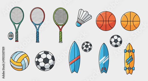 Diverse Sports Equipment Collection: Balls, Rackets, Surfboards, Skateboard, Badminton Shuttlecock