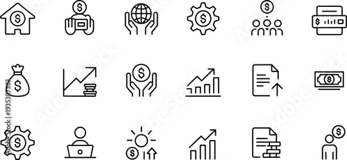 Finance and investment line icon set featuring savings, money growth, banking services, financial management and wealth symbols