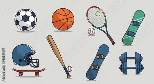 Diverse Sports Equipment Collection: Soccer, Basketball, Tennis, Snowboard, Baseball, Football, Skateboard, Dumbbells