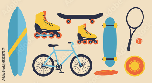 Diverse Sports Equipment Collection: Surfboard, Skateboard, Roller Skates, Bike, Tennis Racket