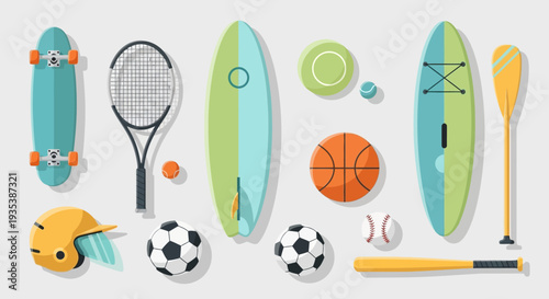Diverse Sports Equipment Collection: Skateboard, Tennis, Surfboards, Balls, Baseball Bat, Helmet