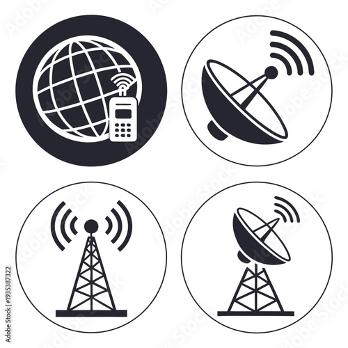 Communication icons including satellite and tower