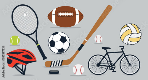 Diverse Sports Equipment Collection: Tennis, Football, Soccer, Hockey, Baseball, Volleyball, Bike