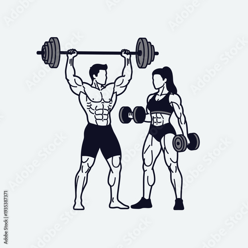 Fit couple exercising with weights, man lifting barbell overhead, woman holding dumbbells