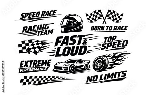 Motorsport-themed graphic set featuring racing team emblems, speed elements and extreme performance visuals for auto design