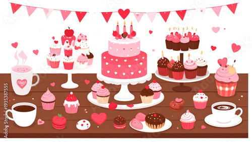 Valentines day dessert and coffee set with cakes cupcakes cookies and hot drinks cute vector illustration