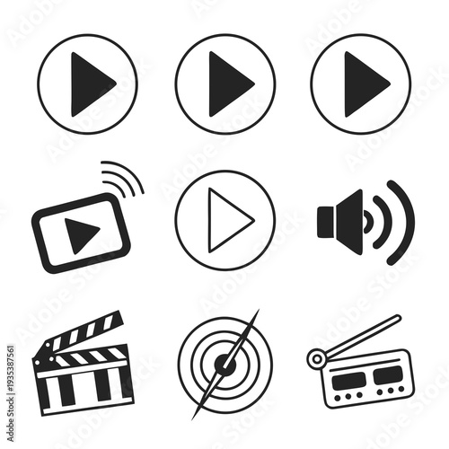 A collection of black and white media icons on a white background