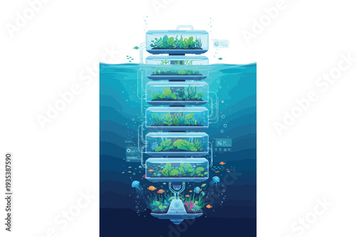 Underwater Vertical Farm with Lush Greenery in Futuristic Design with Soft Blue Lighting for Sustainable Agriculture