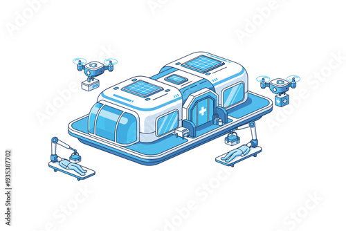 Futuristic Space Station in Isometric View with Blue Monochromatic Lighting on White Background for Technology Advertising