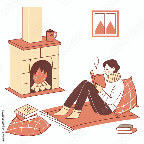 A woman sits by a fireplace with a cup of coffee