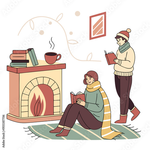Couple enjoying a cozy winter evening by the fireplace