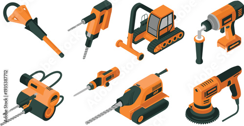 Isometric construction power tools vector set, jackhammer, electric drills, demolition machines, industrial engineering equipment illustration collection
