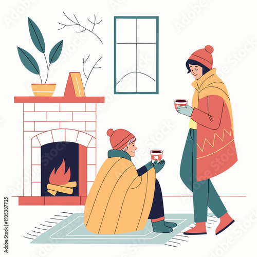 Couple enjoying a cozy evening by the fireplace